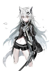 Rule 34 | 1girl, animal ears, arknights, black jacket, black shorts, cropped legs, female focus, grey eyes, grey hair, hair ornament, hairclip, highres, holding, holding sword, holding weapon, jacket, lappland (arknights), long hair, long sleeves, looking at viewer, material growth, navel, oripathy lesion (arknights), scar, scar across eye, scar on face, short shorts, shorts, sketch, solo, soyoong jun, stomach, sword, thighs, very long hair, weapon, wolf ears