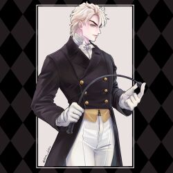 Rule 34 | 1boy, black jacket, blonde hair, commentary request, dio brando, ear birthmark, gloves, grm jogio, holding, holding riding crop, holding whip, jacket, jojo no kimyou na bouken, long sleeves, looking at viewer, male focus, pants, phantom blood, riding crop, riding outfit, short hair, smile, standing, white gloves, white pants