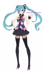 Rule 34 | 1girl, aqua hair, female focus, fkey, full body, hand on own hip, happy birthday, hatsune miku, headset, high heels, highres, legs, long hair, necktie, purple eyes, shoes, simple background, skirt, solo, standing, tell your world (vocaloid), thighhighs, twintails, very long hair, vocaloid, white background