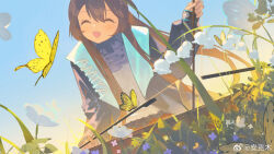 Rule 34 | 1girl, ^ ^, amiya (arknights), arknights, black jacket, blue skirt, blue sky, blush, bow (music), brown hair, bug, butterfly, character name, closed eyes, clothes writing, day, flower, grass, happy, highres, holding, holding bow (music), insect, jacket, lily of the valley, long hair, long sleeves, lubusi, open clothes, open jacket, open mouth, outdoors, ponytail, shirt, sidelocks, skirt, sky, solo, very long hair, weibo logo, weibo watermark, white shirt, yellow butterfly