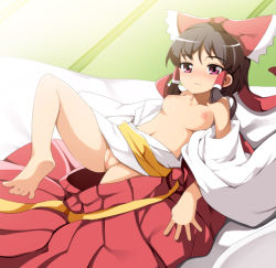 Rule 34 | 1girl, artist request, barefoot, black hair, breasts, collarbone, detached sleeves, feet, hakama, hakama skirt, hakurei reimu, japanese clothes, long hair, looking at viewer, lying, navel, nipples, nontraditional miko, on back, pink eyes, pussy, red hakama, skirt, small breasts, soles, solo, tatami, toes, touhou, uncensored