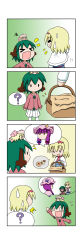 Rule 34 | &gt; &lt;, 0 0, 4girls, 4koma, :d, = =, > <, ?, @ @, ^^^, absurdres, alice margatroid, animal ears, blonde hair, blue dress, blush stickers, bow, capelet, checkerboard cookie, comic, cookie, crescent, crescent pin, dress, fairy wings, flying sweatdrops, food, gradient background, green hair, hair bow, hair ribbon, hairband, hat, highres, kasodani kyouko, lily white, lolita hairband, mob cap, multiple girls, no mouth, on head, open mouth, patchouli knowledge, picnic basket, purple hair, rakugaki-biyori, ribbon, silent comic, skirt, smile, spoken character, spoken question mark, squiggle, sweatdrop, thumbprint cookie, touhou, tress ribbon, twintails, wings, xd