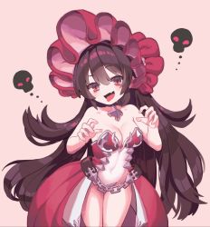 Rule 34 | 1girl, bare shoulders, breasts, brown hair, chain, cleavage, fang, hair between eyes, hands up, highres, illya (small) (princess connect!), illya (princess connect!), long hair, looking at viewer, medium breasts, midriff, navel, open mouth, princess connect!, red eyes, revealing clothes, skull, solo, standing, very long hair, yareen