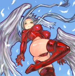 Rule 34 | 1girl, angel wings, ass, blue eyes, boots, breasts, c.cu, covered erect nipples, day, feathers, final fantasy, final fantasy tactics, from below, high heels, highleg, highleg leotard, large breasts, legs, leotard, long hair, panties, red leotard, red thighhighs, shoes, sky, solo, thigh boots, thighhighs, thighs, thong, thong leotard, ultima (fft), underwear, white hair, wings