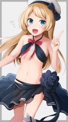 Rule 34 | 1girl, absurdres, alternate costume, arm up, bikini, black bikini, blonde hair, blue eyes, blush, bow, bowtie, breasts, commentary request, cropped legs, flower, hair between eyes, hat, heart, highres, jervis (kancolle), kantai collection, long hair, looking at viewer, navel, open mouth, red bow, red bowtie, red ribbon, ribbon, sailor hat, sarong, simple background, small breasts, smile, solo, standing, swimsuit, thighs, yunamaro