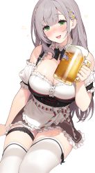 Rule 34 | 1girl, :d, absurdres, alcohol, apron, arm support, beer, beer mug, bench, blunt bangs, blush, breasts, cleavage, cup, detached sleeves, dirndl, evening, flower, food, german clothes, green eyes, grey hair, hair flower, hair ornament, highres, holding, holding cup, hololive, large breasts, looking at viewer, mug, open mouth, shirogane noel, shirogane noel (dirndl), smile, solo, thick thighs, thighhighs, thighs, virtual youtuber, white thighhighs, wrist cuffs, yeije