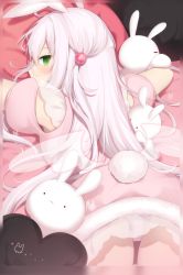 Rule 34 | 1girl, amashiro natsuki, animal ears, animal print, bare arms, blush, commentary request, from behind, fur trim, green eyes, hair bobbles, hair ornament, heart, heart-shaped pillow, heart print, highres, long hair, looking at viewer, looking back, original, panties, pantyshot, pillow, pillwo, puffy short sleeves, puffy sleeves, rabbit ears, rabbit girl, rabbit print, rabbit tail, short sleeves, solo, stuffed animal, stuffed rabbit, stuffed toy, tail, transparent wings, underwear, white panties, white wings, wings