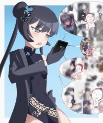 Rule 34 | 1girl, absurdres, doodle sensei (blue archive), black dress, black gloves, black hair, blue archive, blush, braid, braided bun, butterfly hair ornament, cellphone, censored, china dress, chinese clothes, chunchunshirou, coat, double bun, dragon print, dress, gloves, grey coat, grey eyes, hair bun, hair ornament, halo, highres, holding, holding phone, kisaki (blue archive), long hair, mosaic censoring, phone, pinstripe jacket, pinstripe pattern, print dress, sensei (blue archive), short dress, side slit, sleeveless, sleeveless dress, striped, striped coat, triangle mouth, twintails, vertical-striped coat