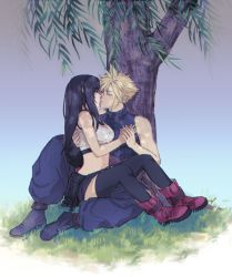 Rule 34 | 1boy, 1girl, bare arms, bare shoulders, black footwear, black hair, black skirt, black thighhighs, blonde hair, boots, breasts, closed eyes, cloud strife, couple, crop top, final fantasy, final fantasy vii, final fantasy vii remake, full body, grass, hand on another&#039;s back, heart, holding hands, kiss, large breasts, leaf, long hair, low-tied long hair, midriff, navel, pudelmudel, red footwear, sitting, sitting on lap, sitting on person, skirt, sleeveless, sleeveless turtleneck, spiked hair, suspender skirt, suspenders, tank top, thighhighs, tifa lockhart, tree, turtleneck
