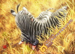 Rule 34 | 10s, 1girl, ahoge, all fours, animal ears, black hair, extra ears, from above, from side, full body, grass, hair over face, japari symbol, kemono friends, long hair, muchousha, multicolored hair, on ground, plains zebra (kemono friends), savanna striped giant slug (kemono friends), solo, translated, two-tone hair, very long hair, white hair, zebra ears, zebra tail