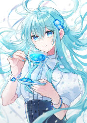 Rule 34 | 1girl, aqua eyes, aqua hair, black skirt, blue eyes, bow, bowtie, commentary request, commission, cup, floating hair, flower, hair flower, hair ornament, high-waist skirt, holding, holding cup, holding plate, long hair, looking at viewer, multiple bracelets, nail polish, original, plate, puffy short sleeves, puffy sleeves, saucer, shiromine kana, shirt, short sleeves, sidelocks, simple background, skeb commission, skirt, smile, solo, tea, teacup, upper body, white background, white bow, white bowtie, white shirt