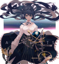 Rule 34 | 1girl, arknights, armillary sphere, artist name, astesia (arknights), black hair, black skirt, blouse, blue eyes, breasts, celestial globe, chinese commentary, closed mouth, collar, collared shirt, commentary request, cookie (ppyf5328), copyright name, female focus, floating hair, hair between eyes, highres, holding, long hair, long sleeves, looking at viewer, puffy long sleeves, puffy sleeves, shirt, skirt, solo, standing, white collar, white shirt