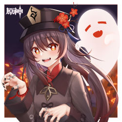 Rule 34 | 1girl, absurdres, black hat, chinese clothes, genshin impact, ghost, hat, highres, hu tao (genshin impact), long sleeves, looking at viewer, nail polish, open mouth, qi xuan, red eyes, smile, solo, symbol-shaped pupils, top hat, twintails