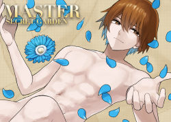 Rule 34 | 10s, 1boy, bad id, bad pixiv id, brown eyes, brown hair, fake screenshot, fate/extra, fate/extra ccc, fate (series), flower, highres, kishinami hakuno (male), male focus, nude, official style, parody, petals, routo, secret garden (fate/extra ccc), solo