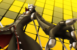 Rule 34 | 1boy, atlus, bad id, bad pixiv id, claws, codpiece, collar, ascot, from below, highres, izanagi (persona 4), jacket, looking at viewer, looking down, male focus, mask, midorino eni, persona, persona 4, perspective, reaching, solo, yellow eyes