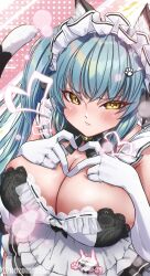 Rule 34 | 1girl, absurdres, animal ears, apron, black dress, blue hair, blush, breasts, cat ears, cat tail, character name, cleavage, dress, elbow gloves, fake animal ears, fake tail, from above, gloves, goddess of victory: nikke, heart, heart hands, highres, large breasts, light blue hair, long hair, maid, maid headdress, neck bell, official alternate costume, paw hair ornament, pomita, privaty (nikke), privaty (unkind maid) (nikke), solo, tail, twintails, twitter username, very long hair, white apron, white gloves, yellow eyes