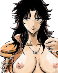 Rule 34 | 1girl, black hair, blue eyes, breasts, hokuto no ken, jewelry, large breasts, lowres, mamiya (hokuto no ken), necklace, nipples, no bra, nude, open clothes, open shirt, ring, shirt, solo