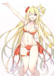 Rule 34 | 1girl, absurdres, arm up, battle spirits, bikini, blonde hair, bracelet, breasts, cleavage, cowboy shot, flower, grey eyes, groin, hair flower, hair ornament, highres, jewelry, knees together feet apart, legs together, long hair, looking at viewer, medium breasts, navel, one eye closed, open mouth, outstretched arms, red bikini, rei ooba, simple background, smile, solo, standing, swimsuit, thigh strap, white background, yamanokami eaka