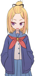 Rule 34 | 1girl, bangs pinned back, blonde hair, blue jacket, blue sailor collar, blue skirt, blush stickers, commentary, female focus, flip flappers, forehead, hands in pockets, highres, jacket, long sleeves, multicolored hair, neckerchief, open mouth, pleated skirt, purple eyes, red neckerchief, sailor collar, school uniform, serafuku, shirt, short hair, simple background, skirt, solo, streaked hair, sumiyao (amam), topknot, tsurime, upper body, white background, white shirt, yayaka