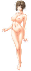 Rule 34 | 1girl, barefoot, breasts, brown eyes, brown hair, closed mouth, completely nude, eyebrows, female focus, full body, helter skelter, highres, kagami sayoko, large breasts, legs together, looking at viewer, mature female, navel, nipples, nude, orimiya mai, short hair, simple background, solo, standing, white background