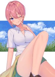 Rule 34 | 1girl, ;q, ankle socks, arm support, ass, bare legs, blue eyes, blue sky, blush, breasts, brown footwear, cleavage, closed mouth, cloud, cloudy sky, collarbone, collared shirt, commentary request, day, dress shirt, finger to face, go-toubun no hanayome, green skirt, hair between eyes, hand up, head tilt, highres, izumo neru, knee up, large breasts, loafers, looking at viewer, nakano ichika, one eye closed, pink hair, pleated skirt, shirt, shoes, short hair, short sleeves, sitting, skirt, sky, smile, socks, solo, tongue, tongue out, white shirt, white socks