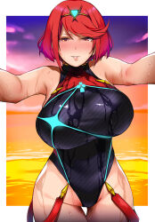 Rule 34 | 1girl, artist name, bakkanki, bare arms, bare shoulders, black one-piece swimsuit, commission, competition swimsuit, cowboy shot, dusk, highres, one-piece swimsuit, outstretched arms, pyra (pro swimmer) (xenoblade), pyra (xenoblade), red eyes, red hair, red one-piece swimsuit, sample watermark, skeb commission, solo, sunset, swept bangs, swimsuit, thigh gap, two-tone swimsuit, water, watermark, wet, wet clothes, wet swimsuit, xenoblade chronicles (series), xenoblade chronicles 2