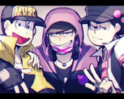Rule 34 | 10s, 3boys, :3, artist name, black hair, brothers, brown eyes, cabbie hat, casual, chromatic aberration, fingerless gloves, gloves, half-closed eyes, hat, headphones, headphones around neck, highres, hood, hoodie, jewelry, jitome, letterboxed, looking at viewer, loose necktie, male focus, mask, matsuno ichimatsu, matsuno jyushimatsu, matsuno todomatsu, mouth mask, multiple boys, necklace, necktie, nyaph, open mouth, osomatsu-kun, osomatsu-san, osomatsu (series), pink necktie, shaded face, sharp teeth, siblings, smile, surgical mask, teeth, v, vest