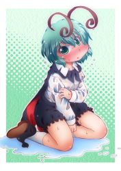 Rule 34 | 1girl, antennae, holding another&#039;s arm, blush, cape, dress shirt, full-face blush, green background, green eyes, green hair, halftone, halftone background, head tilt, holding own arm, kneeling, long sleeves, looking at viewer, matching hair/eyes, matty (zuwzi), puddle, shirt, shoes, short hair, shorts, socks, solo, touhou, water drop, wet, wet clothes, wriggle nightbug