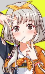 Rule 34 | 1girl, arm up, black jacket, blouse, braid, braided bangs, brown eyes, candy, closed mouth, collared shirt, dress shirt, food, food in mouth, grey background, grey hair, hair ornament, hair ribbon, hand up, hisakawa nagi, hood, hood down, hooded jacket, idolmaster, idolmaster cinderella girls, idolmaster cinderella girls starlight stage, jacket, lollipop, long hair, long sleeves, low twintails, mouth hold, naruse nagi, open clothes, open jacket, orange jacket, orange ribbon, ribbon, shirt, solo, sparkling eyes, twintails, two-tone background, upper body, v, w, white shirt, yellow background