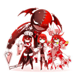 Rule 34 | 3girls, ahoge, antennae, arc system works, aria (guilty gear), balloon, breasts, bridal veil, chibi, cleavage, clipboard, clover, dress, dual wielding, elphelt valentine, explosive, food, four-leaf clover, fruit, gloves, green eyes, grenade, guilty gear, guilty gear 2, guilty gear xrd, gun, hat, high heels, highres, holding, lab coat, large breasts, lucifero (guilty gear), multiple girls, necktie, red eyes, red hair, san (winteroll), short hair, smile, spikes, strawberry, thighhighs, valentine (guilty gear), veil, weapon, wedding dress, white dress