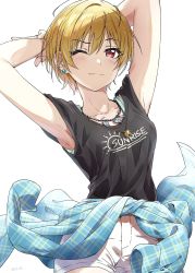 Rule 34 | 1girl, ;), armpits, arms behind head, arms up, artist name, ayano yuu (sonma 1426), bare arms, black shirt, blonde hair, blush, breasts, closed mouth, clothes around waist, clothes writing, collarbone, cowboy shot, earrings, glint, hair between eyes, highres, idolmaster, idolmaster shiny colors, jewelry, looking at viewer, medium breasts, necklace, one eye closed, pendant, red eyes, saijo juri, shirt, short hair, shorts, simple background, sleeveless, sleeveless shirt, smile, solo, standing, stretching, stud earrings, white background, white shorts