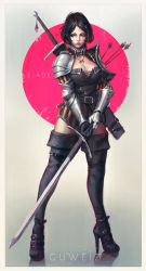 Rule 34 | 1girl, armor, arrow in armor, artist name, holding behind back, belt, belt buckle, black footwear, black hair, black thighhighs, blood, boots, border, breasts, buckle, cleavage, collar, fletches, full body, gauntlets, gradient background, guweiz, hair ornament, hairclip, high heel boots, high heels, highres, holding, holding sword, holding weapon, injury, jewelry, legs apart, medium breasts, necklace, original, pauldrons, pendant, red lips, scar, scar across eye, scar on face, sheath, sheathed, short hair, shoulder armor, shoulder pads, solo, standing, sword, tassel, thigh boots, thighhighs, unsheathed, weapon, white border, yellow eyes