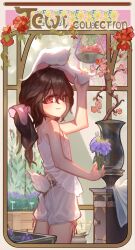Rule 34 | 1girl, alternate costume, alternate hairstyle, animal ears, black hair, bloomers, blush, bow, cabinet, character name, closed mouth, commentary, cowboy shot, english commentary, flat chest, floppy ears, flower, hair between eyes, hair bow, hand on own ear, hanging plant, highres, holding, holding flower, inaba tewi, indoors, long bangs, long hair, looking at viewer, looking back, low ponytail, pink bow, purple flower, rabbit ears, rabbit girl, rabbit tail, red eyes, red flower, sink, smile, solo, tail, tank top, tlobtr, touhou, underwear, vase, white bloomers, white tank top, window