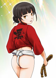 Rule 34 | 1girl, ass, black hair, blunt bangs, braid, brown eyes, commentary request, cowboy shot, double bun, fundoshi, fundoshi day, hachimaki, hair bun, headband, highres, japanese clothes, kantai collection, long hair, looking at viewer, looking back, rope, solo, standing, totome, twin braids, un&#039;you (kancolle), yawata maru (kancolle)