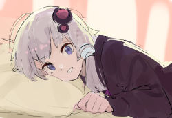 Rule 34 | 1girl, bed, black jacket, grin, hair ornament, hair tubes, jacket, looking at viewer, looking to the side, lying, omnki jr, on stomach, pillow, purple eyes, purple hair, sidelocks, sketch, smile, solo, upper body, vocaloid, voiceroid, yuzuki yukari