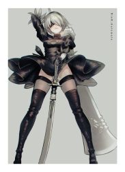 Rule 34 | 1girl, bad id, bad pixiv id, black dress, black footwear, black gloves, black thighhighs, blindfold, boots, breasts, cleavage cutout, clothing cutout, dress, gloves, hairband, highres, mole, mole under mouth, nier (series), nier:automata, puffy sleeves, reoen, short hair, small breasts, solo, sword, thighhighs, weapon, white hair, 2b (nier:automata)