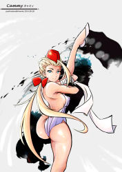 Rule 34 | 1girl, absurdres, ahoge, alternate hairstyle, artist name, ass, blonde hair, blue eyes, bow, breasts, cammy white, capcom, flats, flexible, garrison cap, hair bow, hairline, hat, highres, huge ahoge, large breasts, leotard, long hair, looking back, push! (pushmylove), pushmylove, ribbed leotard, sideboob, smile, solo, split ponytail, standing, standing on one leg, street fighter, white leotard