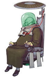 Rule 34 | 1boy, advance wars, advance wars: dual strike, bald, cable, chair, full body, helmet, highres, hirata ryou, male focus, mask, nintendo, official art, plump, robe, shoes, simple background, sitting, socks, solo, von bolt (advance wars)