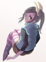 Rule 34 | 10s, 1girl, bad id, bad pixiv id, bow, braid, braided bangs, brown eyes, brown hair, from behind, hair bow, hair ornament, hairclip, kaburagi kaede, morimoriimomushi, no shoes, one side up, shorts, side ponytail, solo, striped clothes, striped thighhighs, thighhighs, tiger &amp; bunny, vest