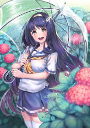 Rule 34 | 1girl, absurdres, bad id, bad pixiv id, black eyes, blue hair, breasts, commentary request, day, flower, hairband, highres, holding, holding umbrella, hydrangea, kabu (e90vwggy), large breasts, long hair, looking at viewer, neckerchief, original, outdoors, pink flower, school uniform, serafuku, short sleeves, skindentation, skirt, snail, solo, thighhighs, transparent, transparent umbrella, umbrella, very long hair, white thighhighs, yellow neckerchief