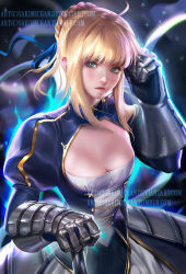 Rule 34 | 1girl, ahoge, armor, armored dress, artoria pendragon (all), artoria pendragon (fate), blonde hair, blush, breastplate, breasts, cleavage, cleavage cutout, clothing cutout, dress, fate/stay night, fate (series), gauntlets, green eyes, hair bun, lips, looking at viewer, nose, planted, planted sword, planted weapon, saber (fate), sakimichan, short hair, single hair bun, solo, sword, underbust, weapon