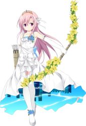 Rule 34 | 1girl, arrow (projectile), artist request, bow (weapon), dress, flower, full body, grey footwear, hair ribbon, high heels, holding, holding bow (weapon), holding weapon, leeds (oshiro project), long hair, official art, oshiro project:re, oshiro project:re, pink hair, purple eyes, quiver, ribbon, sleeveless, sleeveless dress, solo, thighhighs, tiara, transparent background, weapon, white dress, white ribbon, white thighhighs