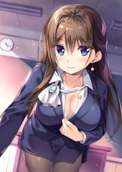 Rule 34 | 1girl, ascot, bent over, blouse, blue eyes, blue jacket, blue skirt, blurry, bokeh, boku no kanojo sensei, breasts, brown hair, brown pantyhose, chalkboard, classroom, cleavage, clock, collarbone, collared shirt, cowboy shot, depth of field, dress shirt, earrings, floating hair, foreshortening, formal, hair between eyes, hair intakes, half updo, highres, indoors, jacket, jewelry, large breasts, legs together, long hair, looking at viewer, miniskirt, open clothes, open shirt, oryo (oryo04), pantyhose, parted bangs, pearl earrings, pencil skirt, shirt, skirt, skirt suit, smile, solo, suit, very long hair, white ascot, white shirt