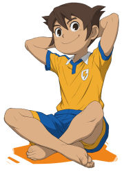 Rule 34 | 1boy, arms behind head, barefoot, brown eyes, brown hair, child, endou mamoru, feet, full body, inazuma eleven, inazuma eleven (series), looking at viewer, male focus, shorts, simple background, sitting, smile, soccer uniform, solo, sportswear, toes, white background, yamamiya hiroshi