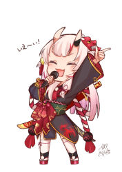 Rule 34 | 1girl, arm up, bell, black kimono, blush, checkered sash, chibi, closed eyes, commentary, floral print, flower, flower knot, frilled sleeves, frills, full body, gradient hair, hair bell, hair ornament, highres, holding, holding microphone, hololive, horns, index finger raised, japanese clothes, katana, kimono, kouhaku nawa, long hair, mask, mask on head, microphone, multicolored hair, music, nakiri ayame, nakiri ayame (1st costume), obi, okobo, oni mask, open mouth, platform footwear, pom pom (clothes), pooh 1140920, red hair, rope, sandals, sash, scabbard, sheath, sheathed, shimenawa, signature, silver hair, simple background, singing, skin-covered horns, smile, solo, spider lily, streaked hair, sword, tassel, translated, two-tone hair, virtual youtuber, weapon, weapon on back, white background, white legwear, wide sleeves