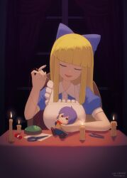 Rule 34 | 1girl, absurdres, apron, black alice (mon-musu quest!), blonde hair, blue bow, blue dress, blush stickers, bow, breasts, candle, character doll, closed eyes, commentary request, dress, facing viewer, hair bow, head tilt, heinrich hein (mon-musu quest!), highres, hime cut, large breasts, long hair, mon-musu quest!, needle, open mouth, pixiv id, puffy short sleeves, puffy sleeves, scissors, sewing, sewing needle, sewing pin, short sleeves, sidelocks, smile, solo, straight-on, stuffed toy, table, to kage p, tweezers, twitter username, white apron, window