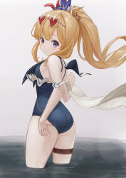 Rule 34 | 1girl, anouetto, ass, bad id, bad pixiv id, bare shoulders, blonde hair, blue one-piece swimsuit, blush, breasts, cagliostro (granblue fantasy), cagliostro (summer) (granblue fantasy), flower, granblue fantasy, hair flower, hair ornament, heart, heart-shaped eyewear, highres, long hair, looking at viewer, looking back, one-piece swimsuit, open mouth, ponytail, purple eyes, simple background, small breasts, solo, sunglasses, swimsuit, thighs, unworn eyewear, wading, water, white background