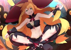 Rule 34 | 1girl, absurdres, bare shoulders, blonde hair, breasts, cleavage, cotton kanzaki, green eyes, grin, hat, highres, indian style, large breasts, long hair, majo to hyakkihei, metallica (majo to hyakkihei), navel, sitting, smile, solo, witch, witch hat