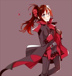 Rule 34 | 1girl, adapted costume, alternate costume, alternate hair length, alternate hairstyle, artist name, flower, gloves, grey eyes, hair flower, hair ornament, kuma (bloodycolor), long coat, red hair, ruby rose, rwby, smile, solo