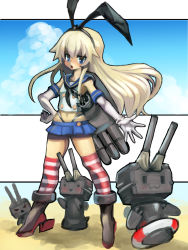 Rule 34 | 10s, 1girl, blonde hair, blue eyes, boots, cloud, cloudy sky, dakusuta, day, elbow gloves, gloves, grey footwear, hair ribbon, highleg, highleg panties, highres, kantai collection, lifebuoy, long hair, looking at viewer, microskirt, open mouth, panties, pleated skirt, rensouhou-chan, ribbon, shimakaze (kancolle), skirt, sky, striped clothes, striped thighhighs, swim ring, thighhighs, underwear